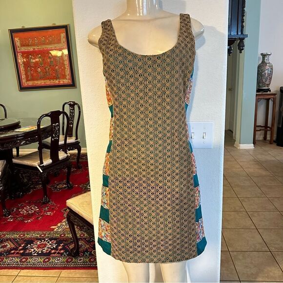 JUDITH MARCH RETRO CROCHET LACE OVERLAY EMBROIDERED COLOR BLOCK MINI DRESS M - Picture 2 of 12